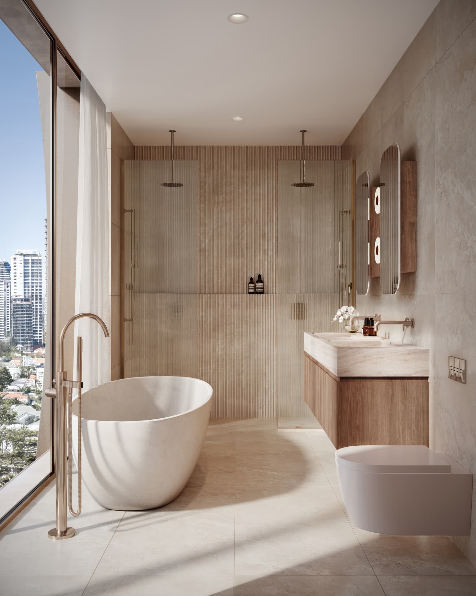 Travertine ensuite with freestanding bath and city outlook
