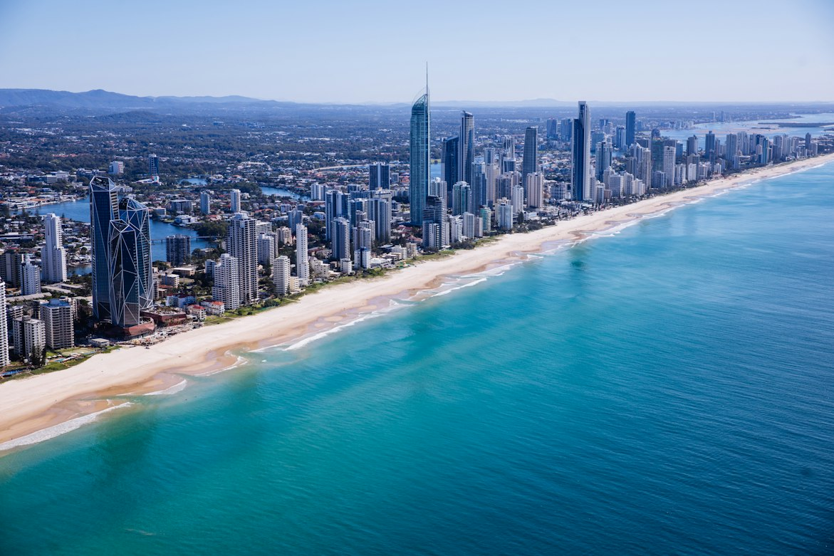 Aerial view of the Gold Coast coastline, beach and high-rise skyline
