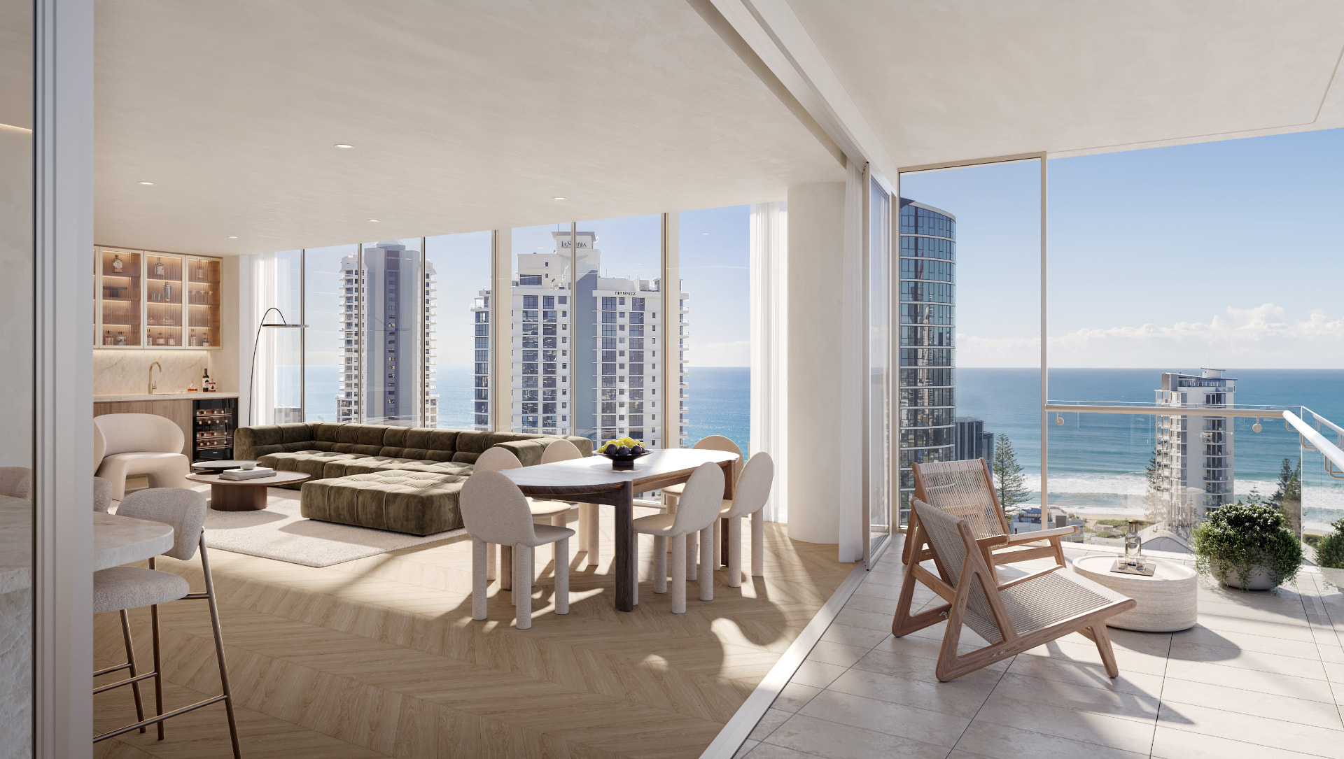 Living, dining and bar area with ocean outlook at WATERMARK