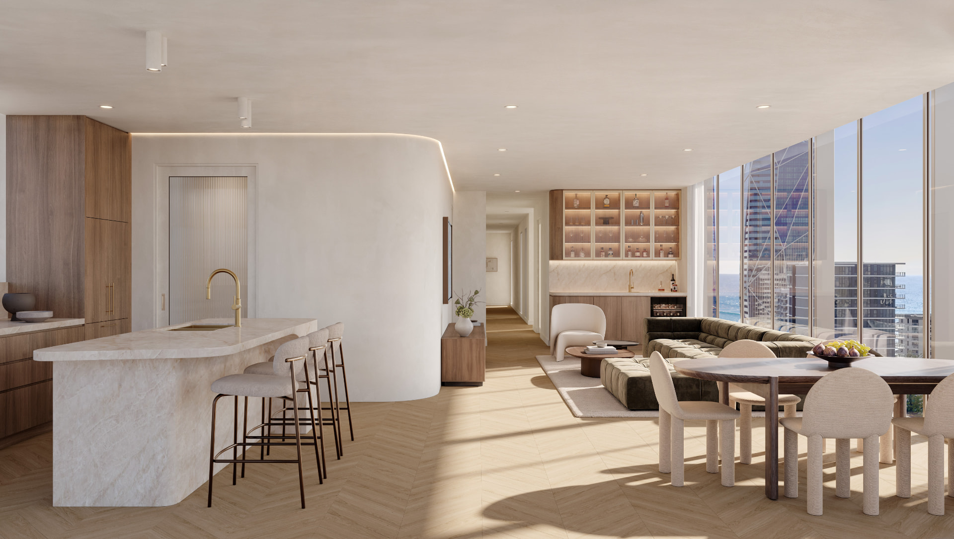 Open plan kitchen, living and bar interior at WATERMARK