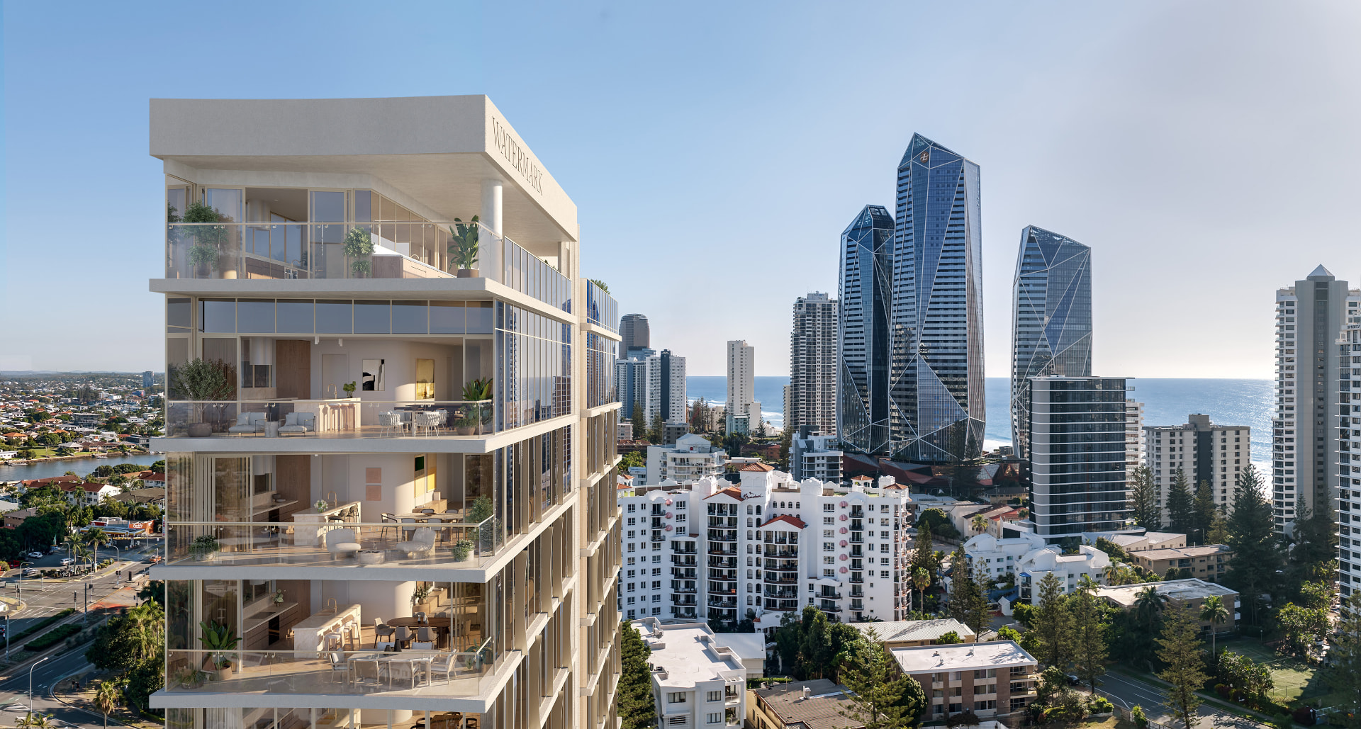 WATERMARK residences with the Gold Coast skyline and ocean beyond
