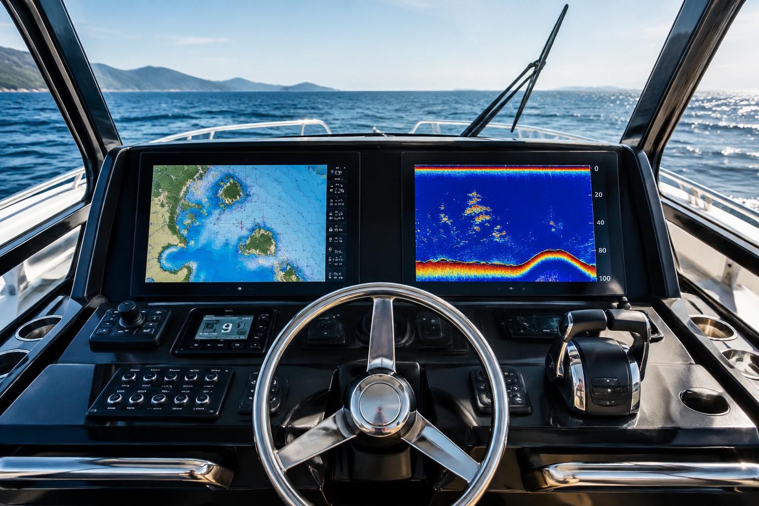 Marine sonar and navigation displays in a professionally configured helm